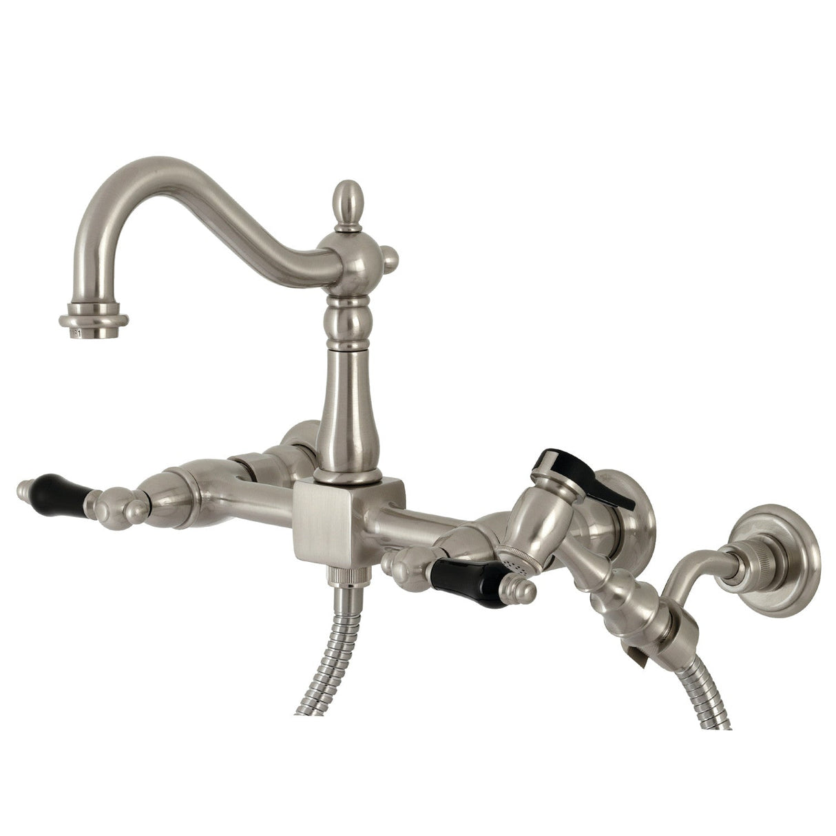 Duchess KS1268PKLBS Two-Handle 2-Hole Wall Mount Bridge Kitchen Faucet with Brass Sprayer, Brushed Nickel