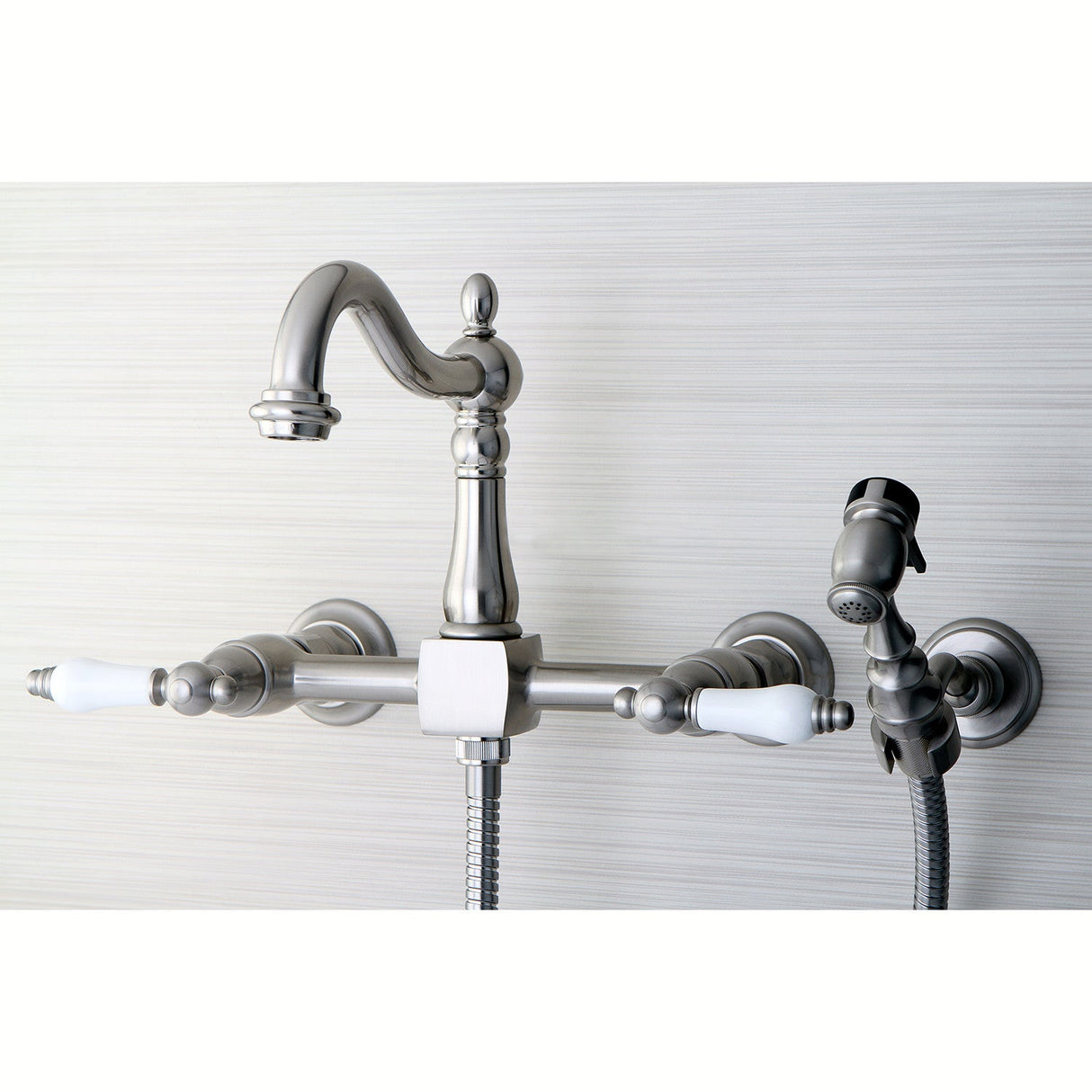 Heritage KS1268PLBS Two-Handle 2-Hole Wall Mount Bridge Kitchen Faucet with Brass Sprayer, Brushed Nickel