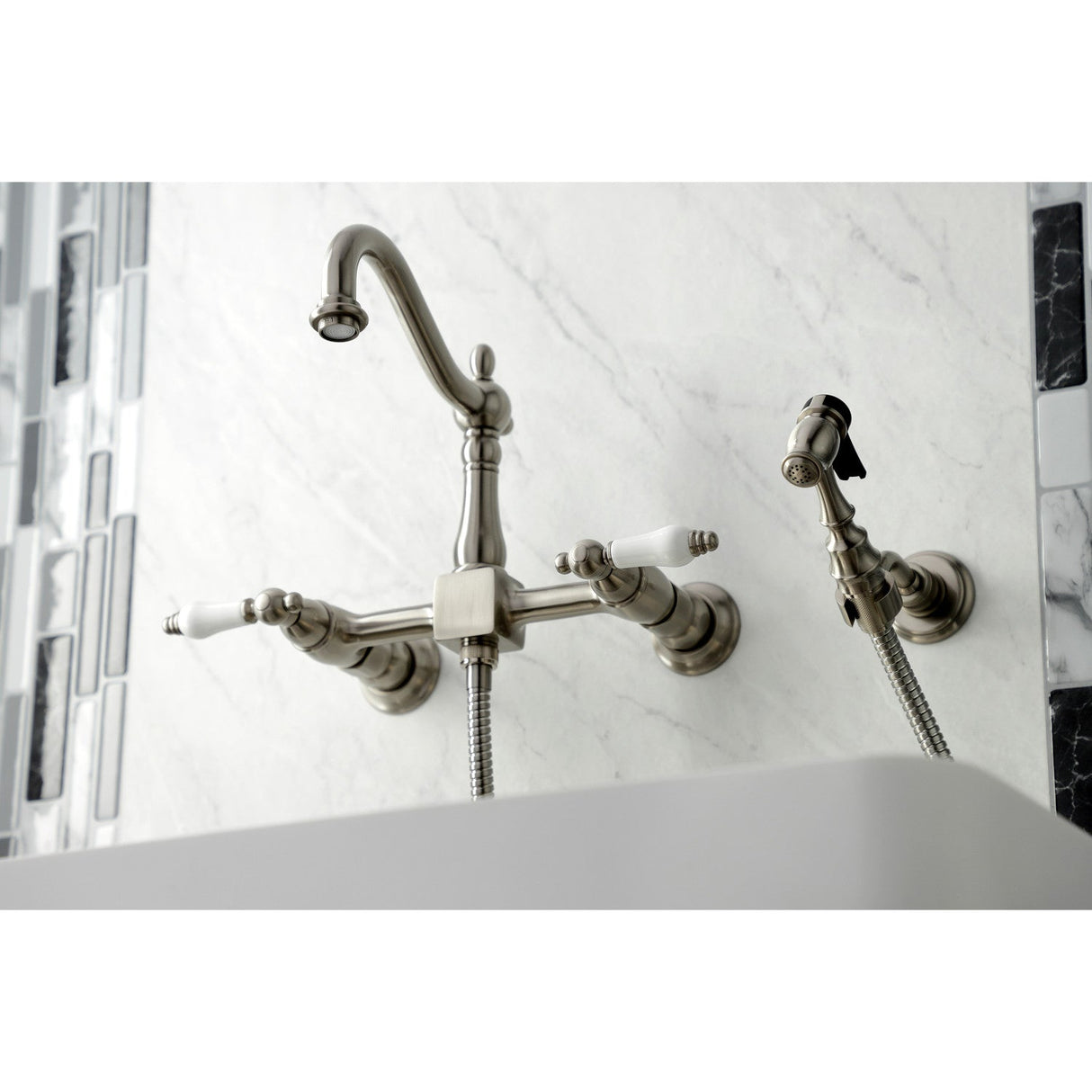 Heritage KS1268PLBS Two-Handle 2-Hole Wall Mount Bridge Kitchen Faucet with Brass Sprayer, Brushed Nickel
