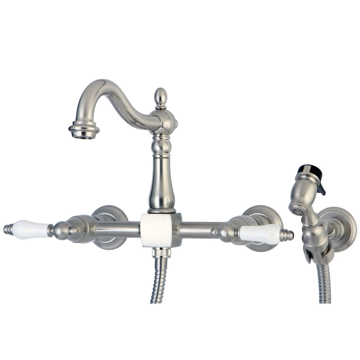 Heritage KS1268PLBS Two-Handle 2-Hole Wall Mount Bridge Kitchen Faucet with Brass Sprayer, Brushed Nickel