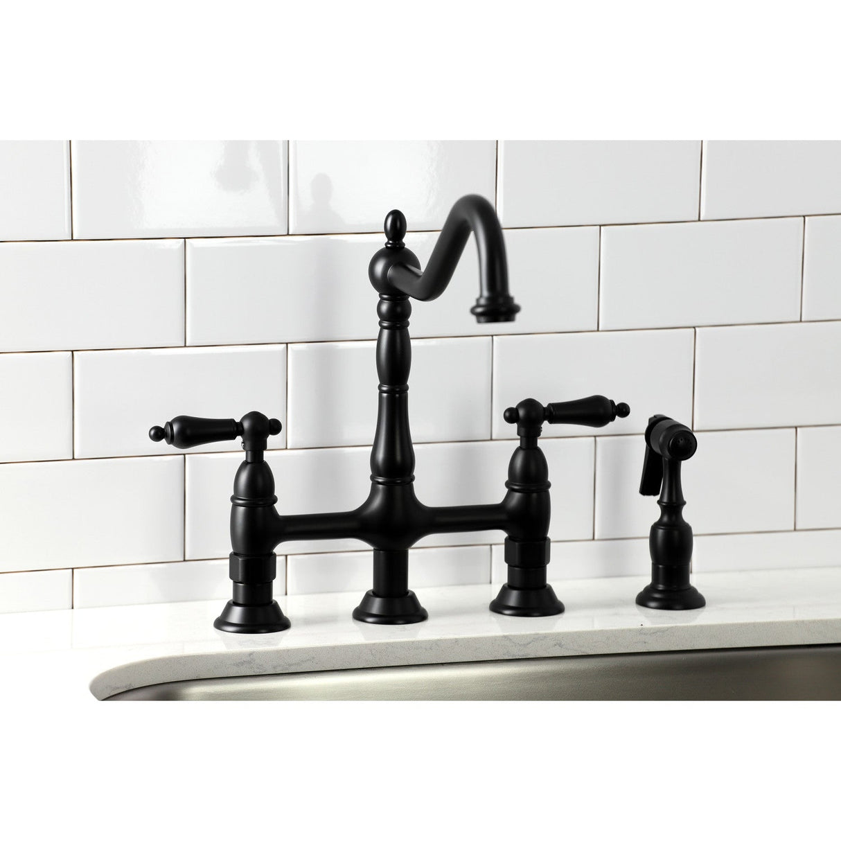 Heritage KS1270ALBS Two-Handle 4-Hole Deck Mount Bridge Kitchen Faucet with Brass Sprayer, Matte Black