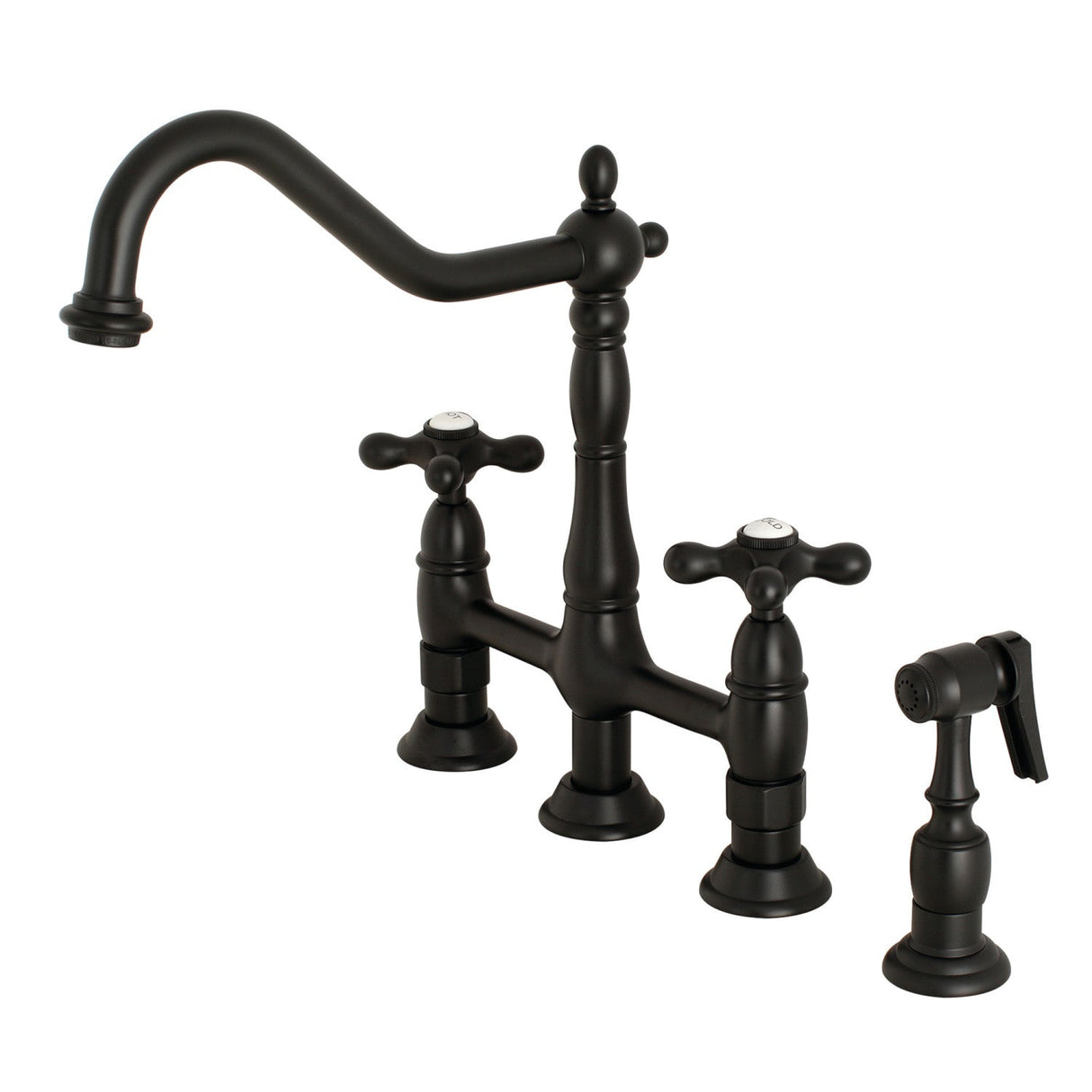 Heritage KS1270AXBS Two-Handle 4-Hole Deck Mount Bridge Kitchen Faucet with Brass Sprayer, Matte Black