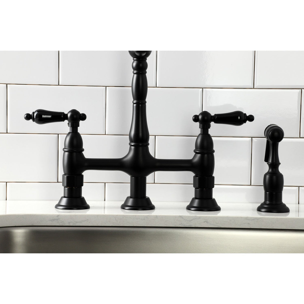 Duchess KS1270PKLBS Two-Handle 4-Hole Deck Mount Bridge Kitchen Faucet with Brass Sprayer, Matte Black