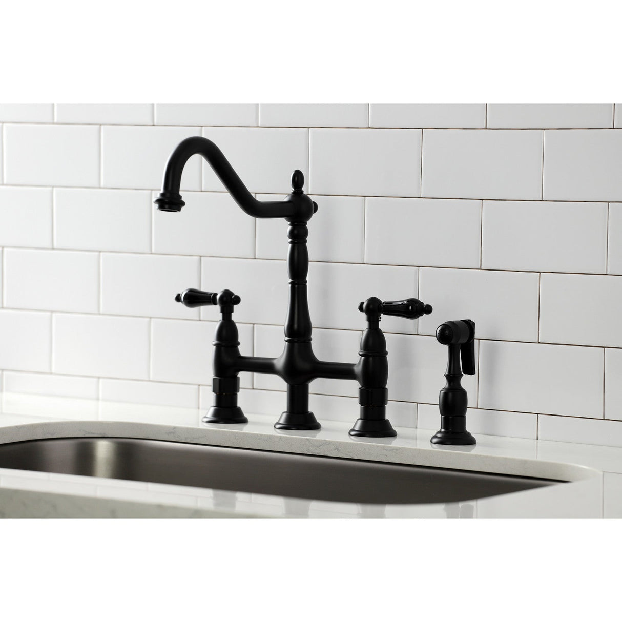 Duchess KS1270PKLBS Two-Handle 4-Hole Deck Mount Bridge Kitchen Faucet with Brass Sprayer, Matte Black