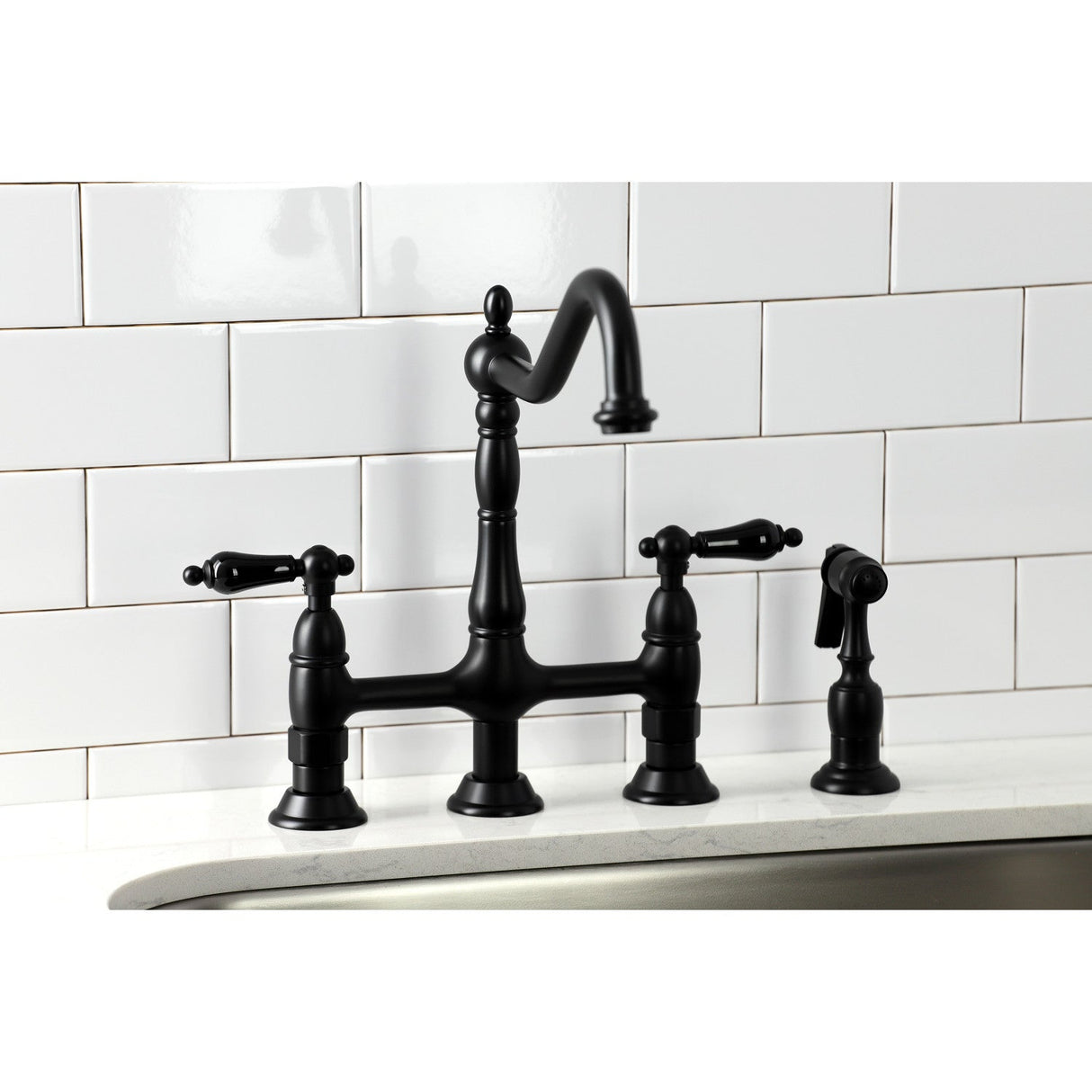 Duchess KS1270PKLBS Two-Handle 4-Hole Deck Mount Bridge Kitchen Faucet with Brass Sprayer, Matte Black