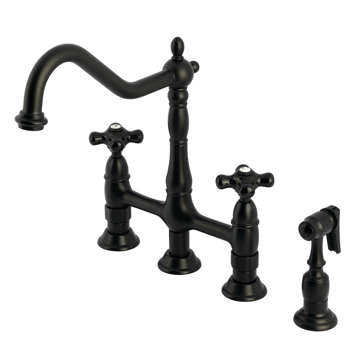 Duchess KS1270PKXBS Two-Handle 4-Hole Deck Mount Bridge Kitchen Faucet with Brass Sprayer, Matte Black