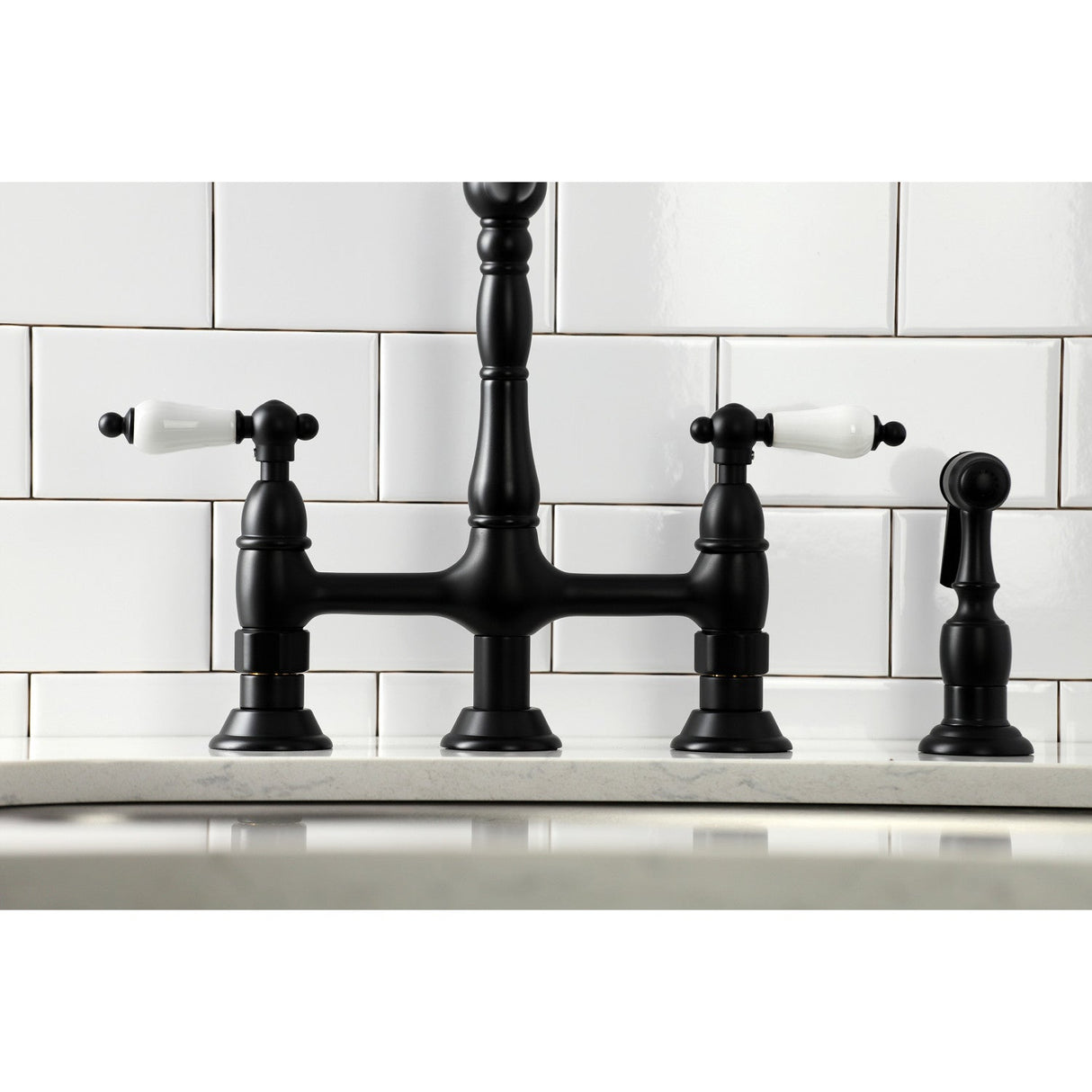 Heritage KS1270PLBS Two-Handle 4-Hole Deck Mount Bridge Kitchen Faucet with Brass Sprayer, Matte Black