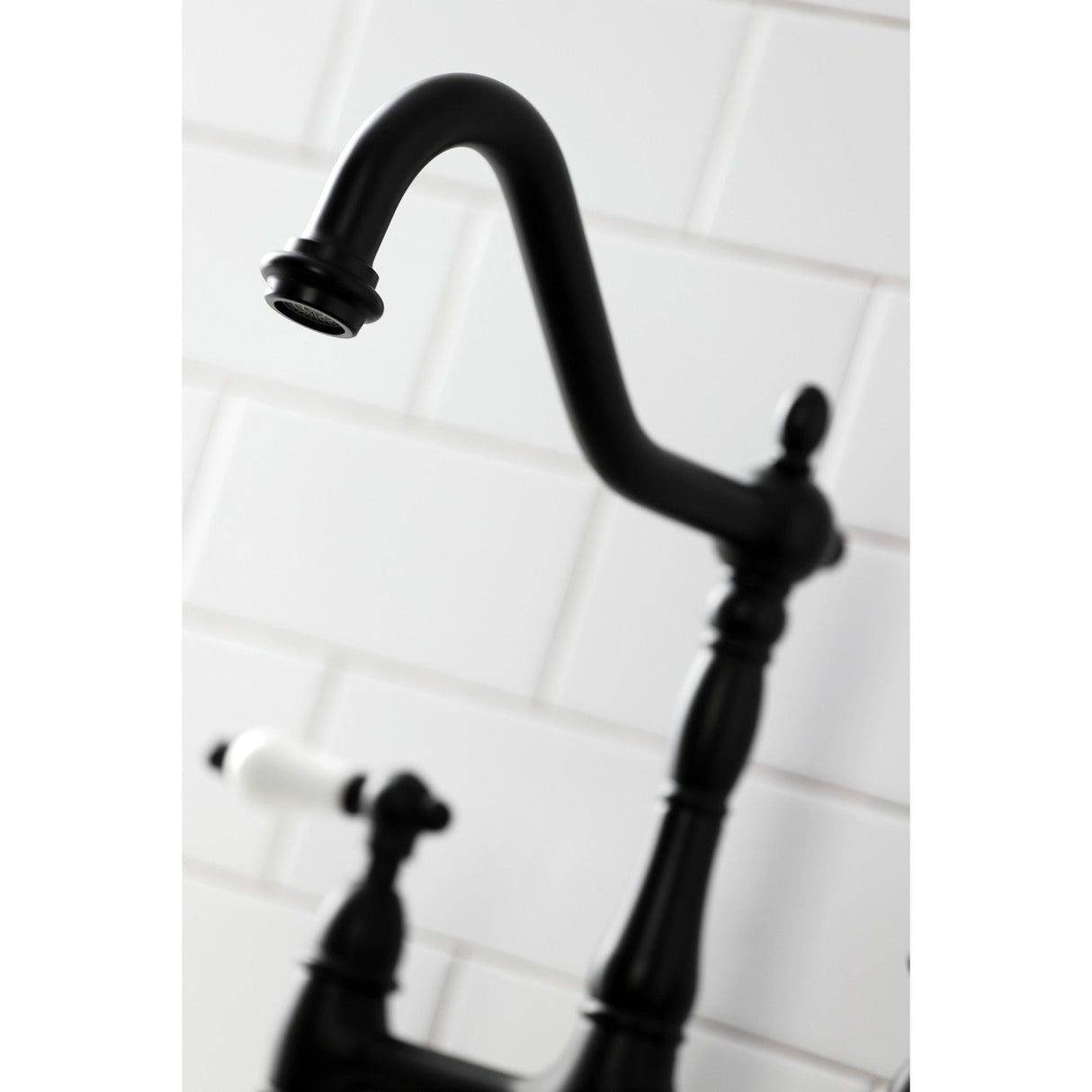 Heritage KS1270PLBS Two-Handle 4-Hole Deck Mount Bridge Kitchen Faucet with Brass Sprayer, Matte Black