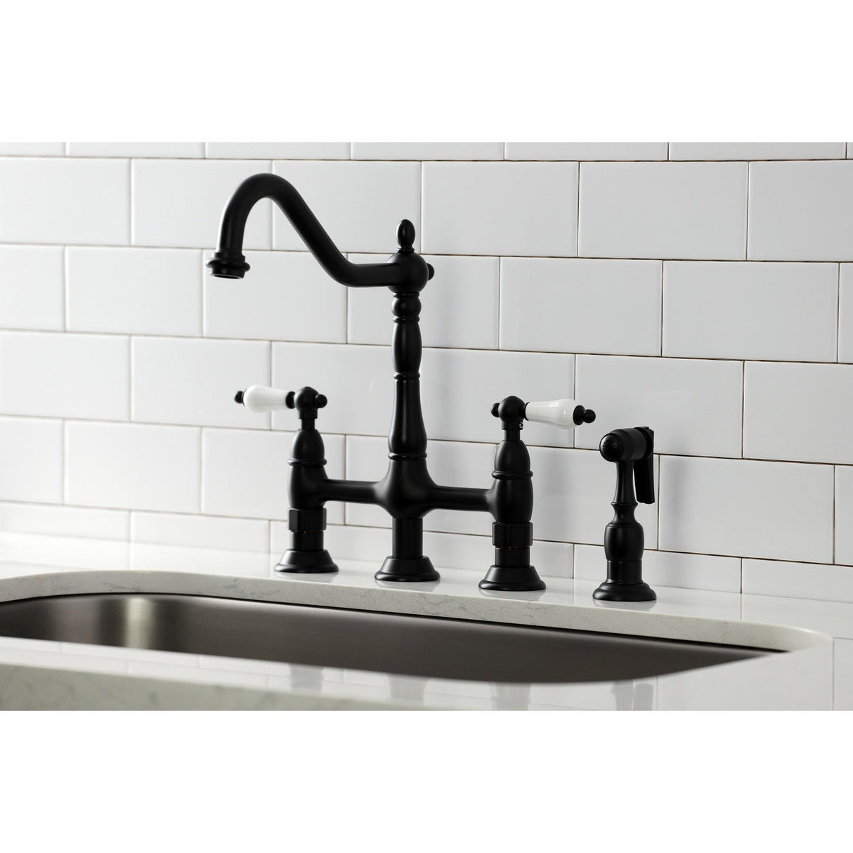 Heritage KS1270PLBS Two-Handle 4-Hole Deck Mount Bridge Kitchen Faucet with Brass Sprayer, Matte Black