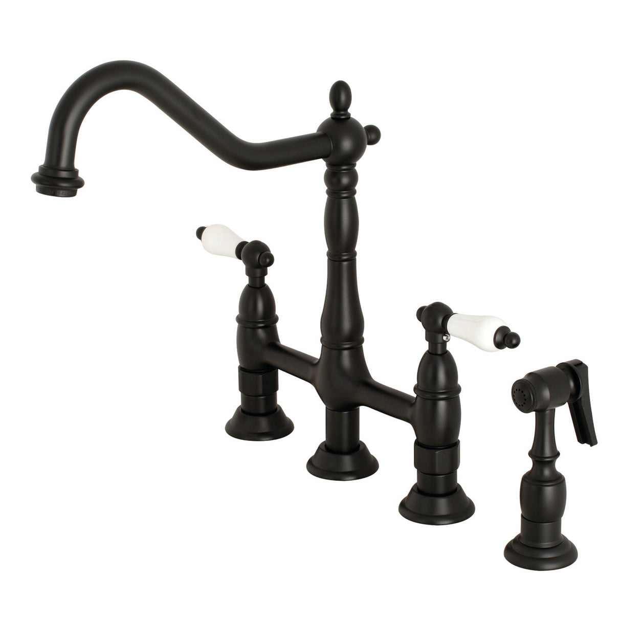 Heritage KS1270PLBS Two-Handle 4-Hole Deck Mount Bridge Kitchen Faucet with Brass Sprayer, Matte Black