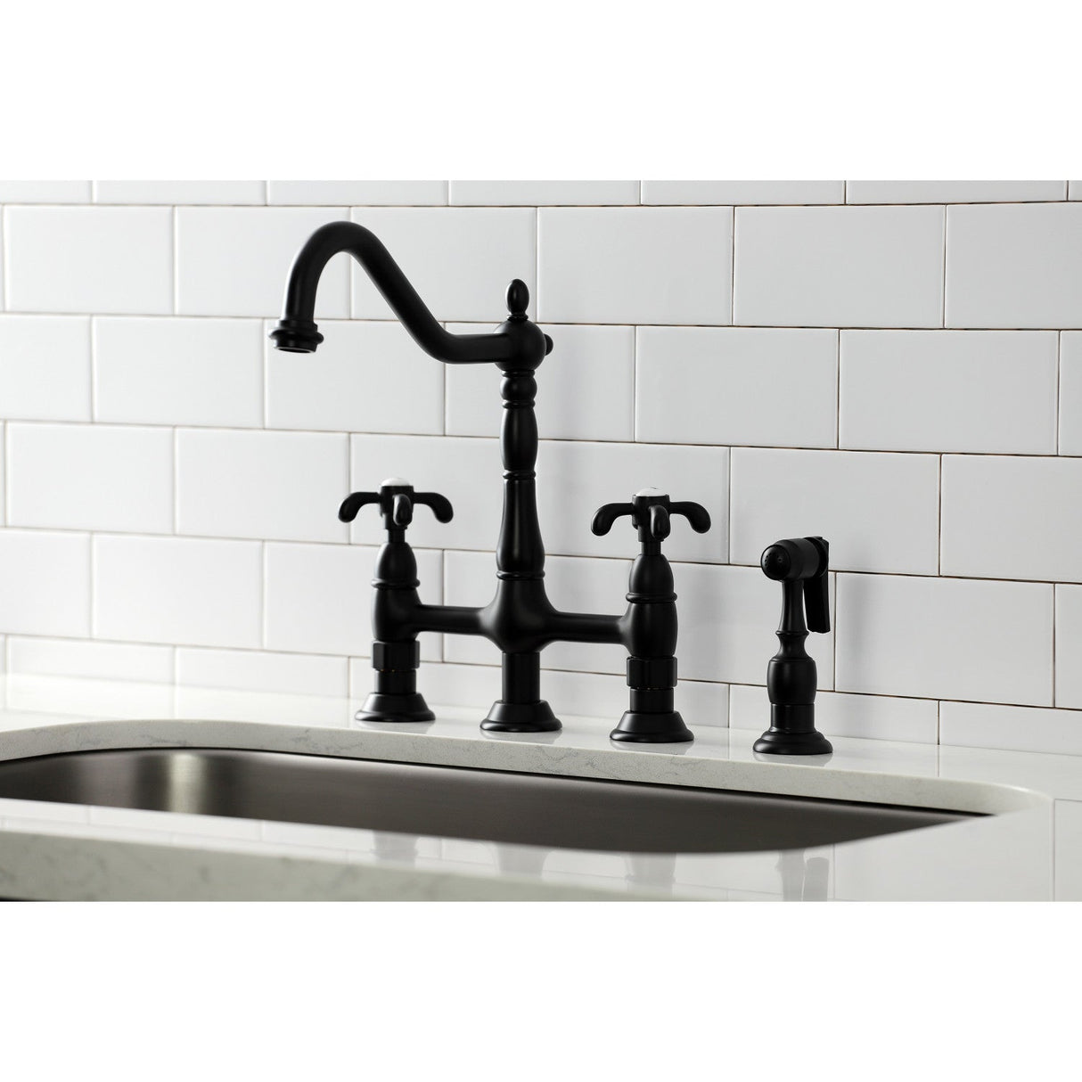 French Country KS1270TXBS Two-Handle 4-Hole Deck Mount Bridge Kitchen Faucet with Brass Sprayer, Matte Black