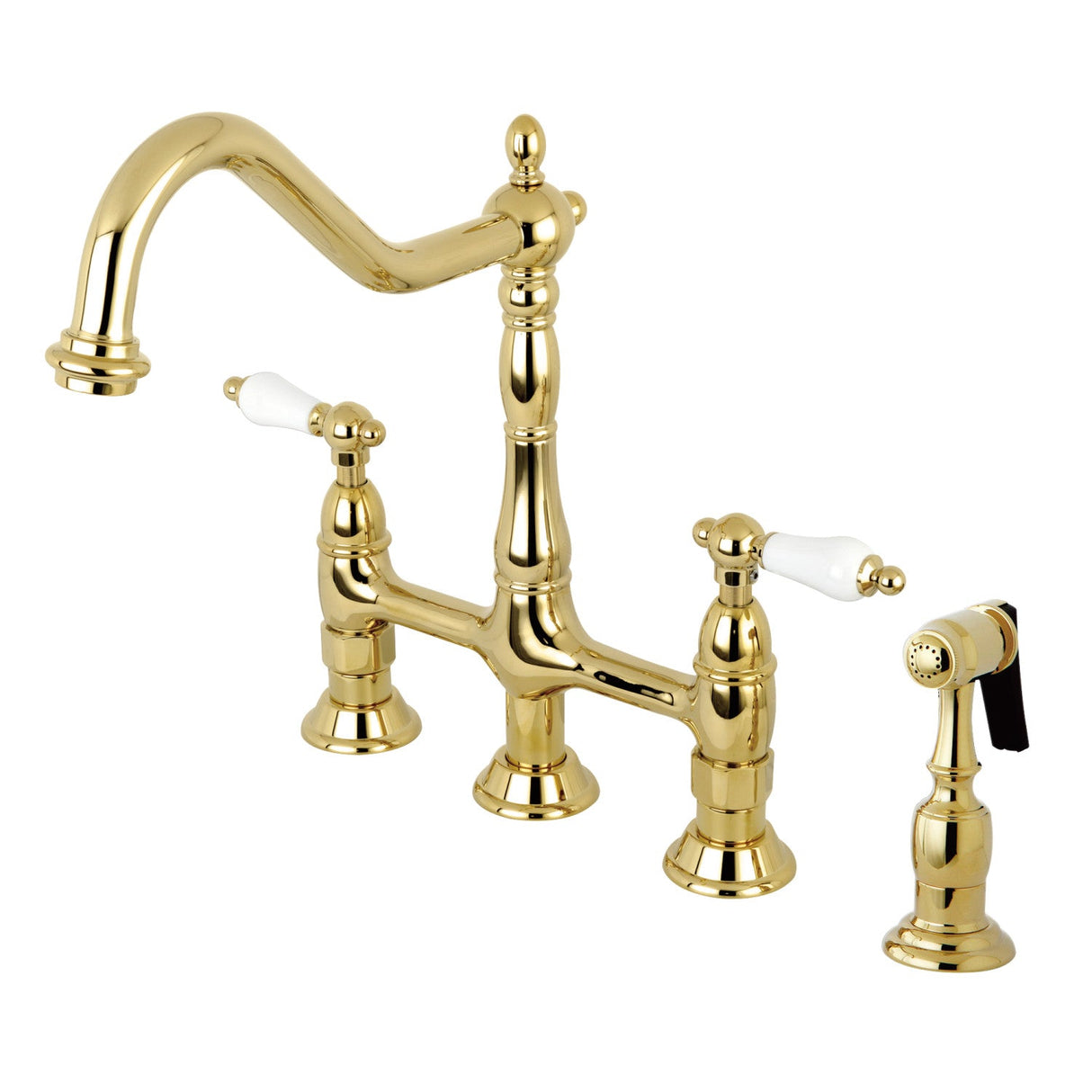 Heritage KS1272PLBS Two-Handle 4-Hole Deck Mount Bridge Kitchen Faucet with Brass Sprayer, Polished Brass
