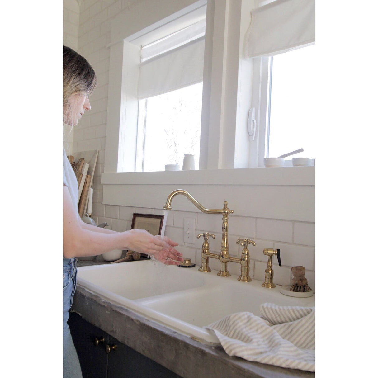 French Country KS1272TXBS Two-Handle 4-Hole Deck Mount Bridge Kitchen Faucet with Brass Sprayer, Polished Brass