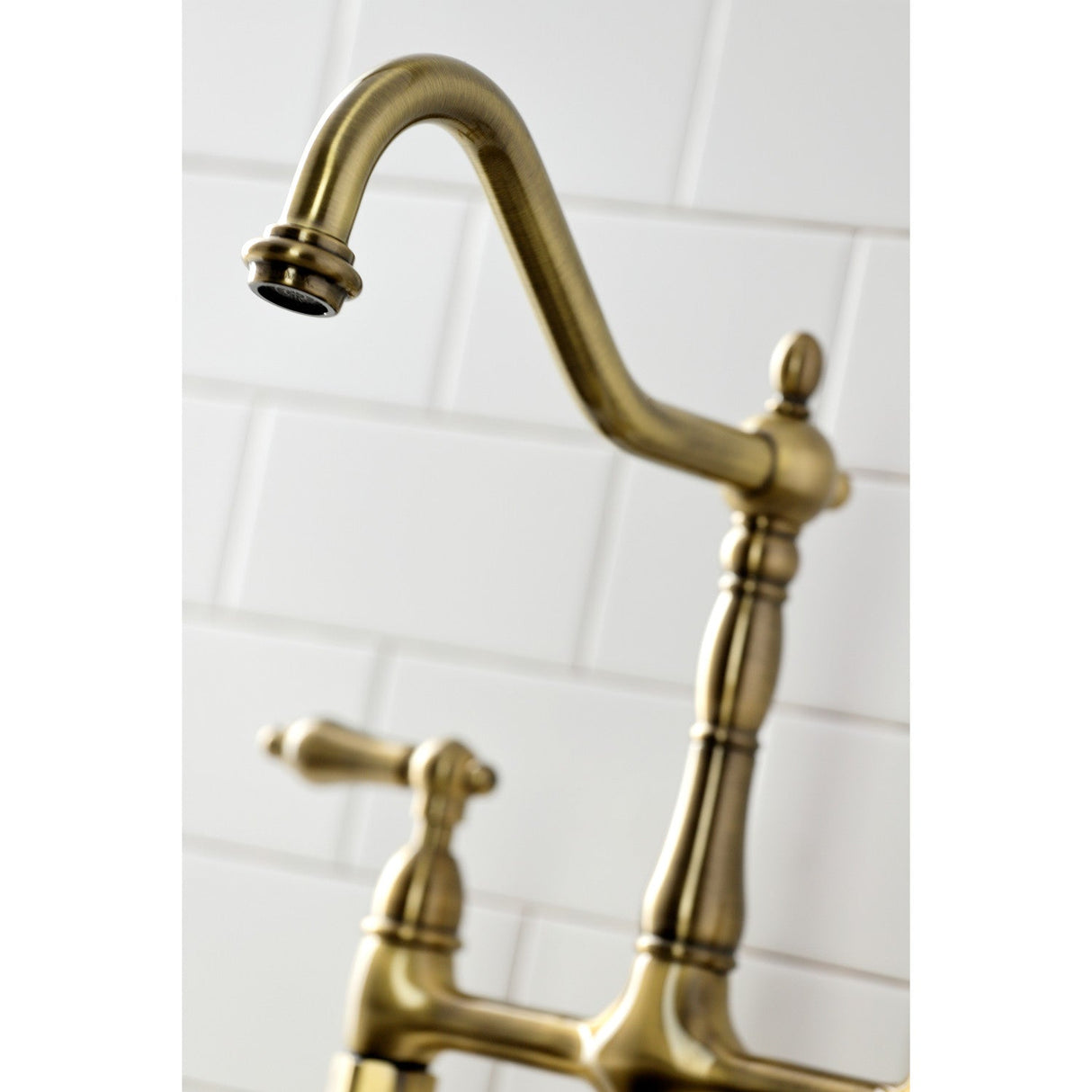 Heritage KS1273ALBS Two-Handle 4-Hole Deck Mount Bridge Kitchen Faucet with Brass Sprayer, Antique Brass