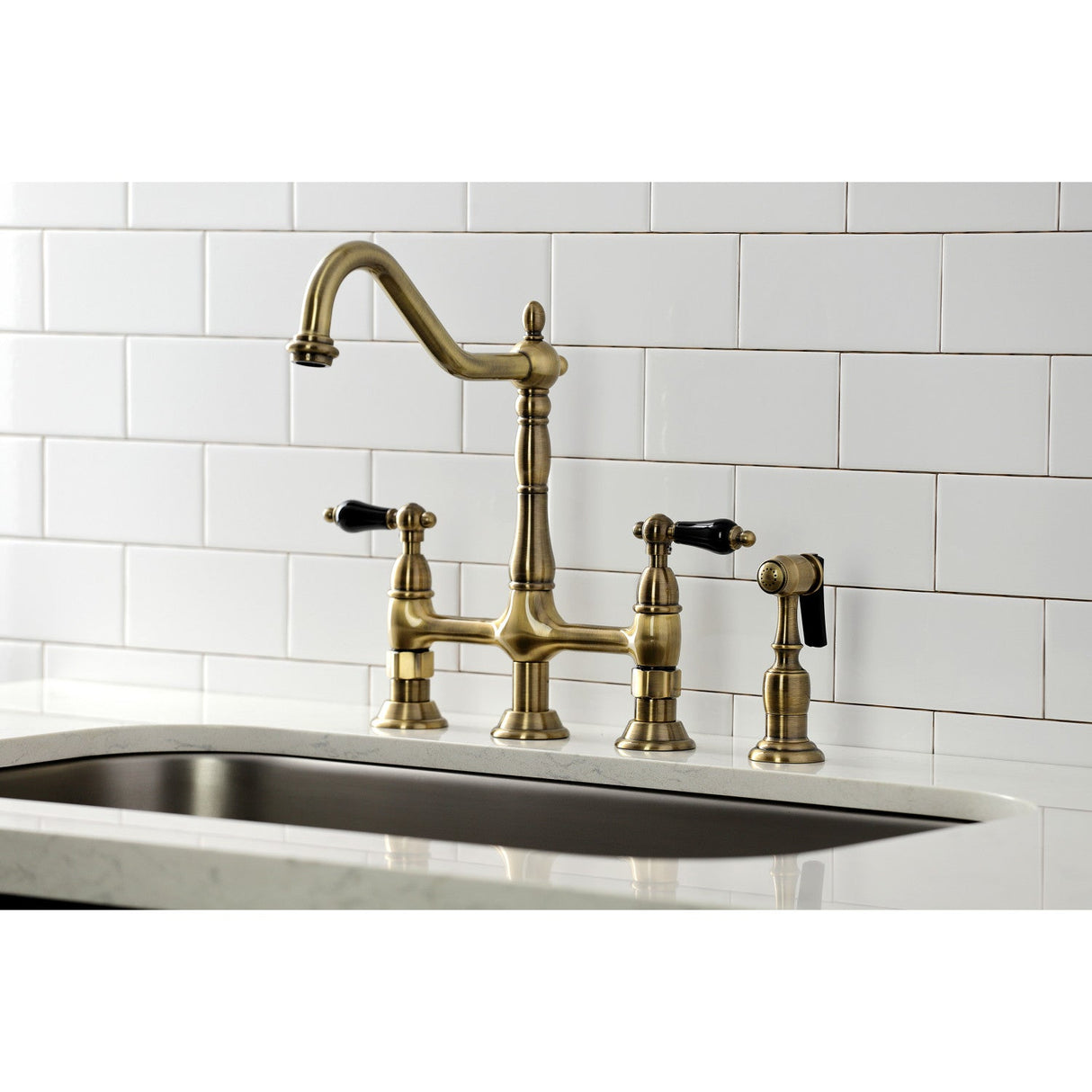 Duchess KS1273PKLBS Two-Handle 4-Hole Deck Mount Bridge Kitchen Faucet with Brass Sprayer, Antique Brass