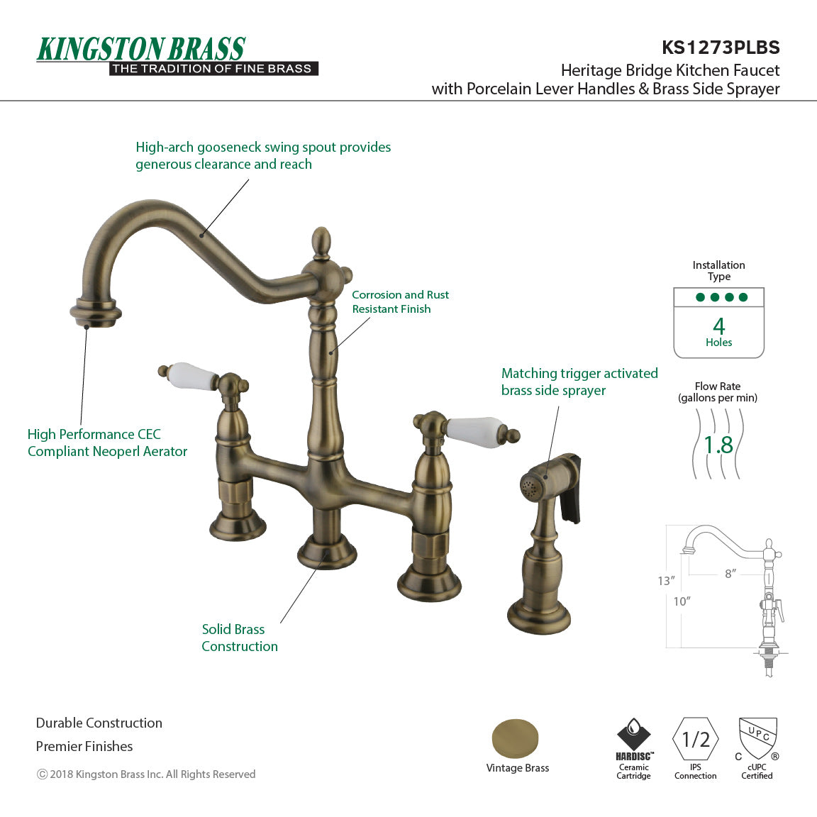 Heritage KS1273PLBS Two-Handle 4-Hole Deck Mount Bridge Kitchen Faucet with Brass Sprayer, Antique Brass
