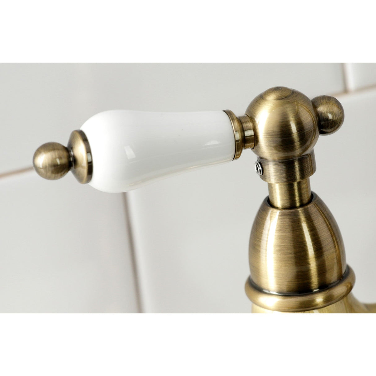 Heritage KS1273PLBS Two-Handle 4-Hole Deck Mount Bridge Kitchen Faucet with Brass Sprayer, Antique Brass