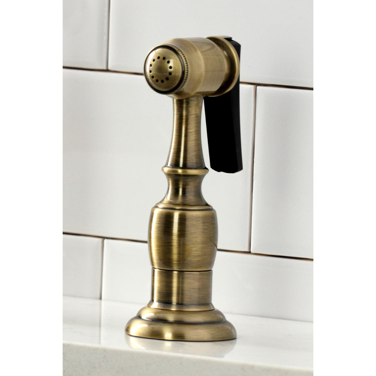 Heritage KS1273PLBS Two-Handle 4-Hole Deck Mount Bridge Kitchen Faucet with Brass Sprayer, Antique Brass