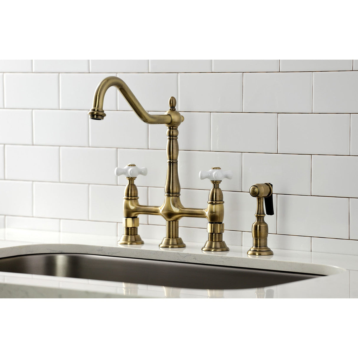 Heritage KS1273PXBS Two-Handle 4-Hole Deck Mount Bridge Kitchen Faucet with Brass Sprayer, Antique Brass