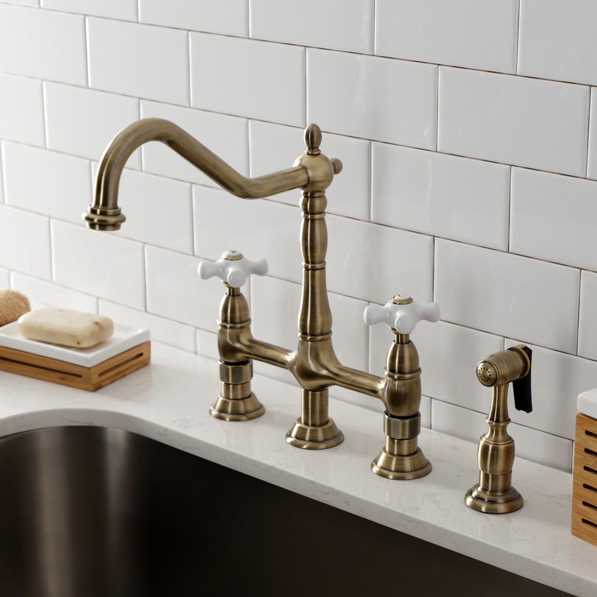 Heritage KS1273PXBS Two-Handle 4-Hole Deck Mount Bridge Kitchen Faucet with Brass Sprayer, Antique Brass