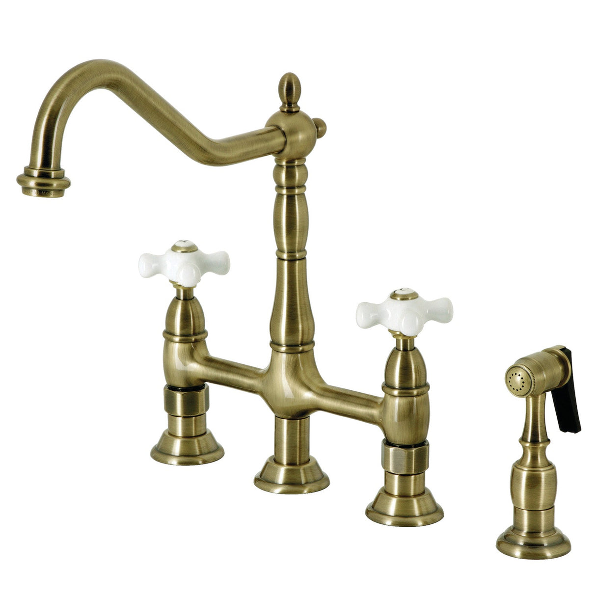 Heritage KS1273PXBS Two-Handle 4-Hole Deck Mount Bridge Kitchen Faucet with Brass Sprayer, Antique Brass