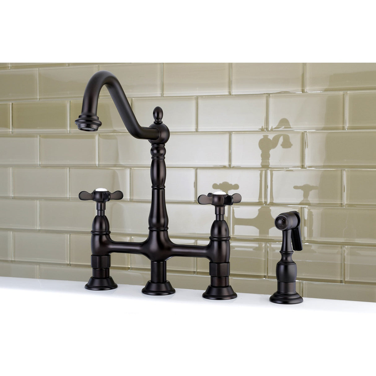 Essex KS1275BEXBS Two-Handle 4-Hole Deck Mount Bridge Kitchen Faucet with Brass Sprayer, Oil Rubbed Bronze