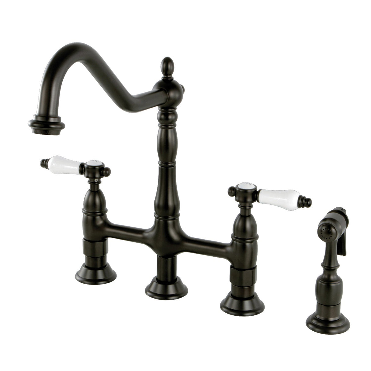 Bel-Air KS1275BPLBS Two-Handle 4-Hole Deck Mount Bridge Kitchen Faucet with Brass Sprayer, Oil Rubbed Bronze