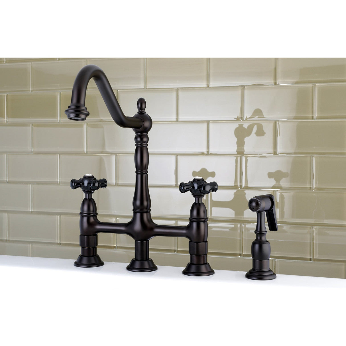 Duchess KS1275PKXBS Two-Handle 4-Hole Deck Mount Bridge Kitchen Faucet with Brass Sprayer, Oil Rubbed Bronze
