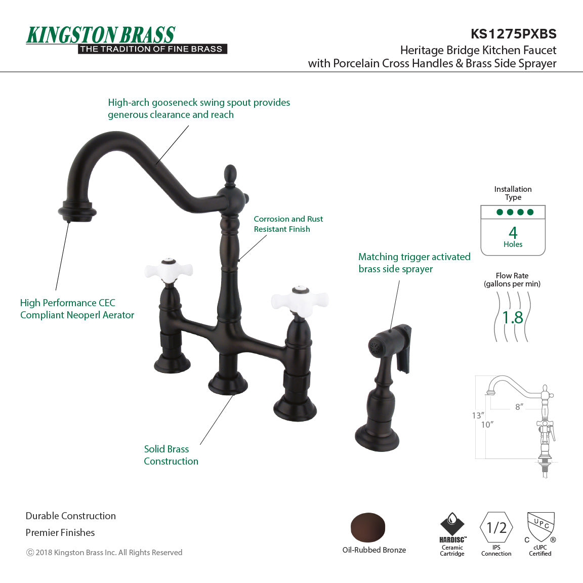 Heritage KS1275PXBS Two-Handle 4-Hole Deck Mount Bridge Kitchen Faucet with Brass Sprayer, Oil Rubbed Bronze
