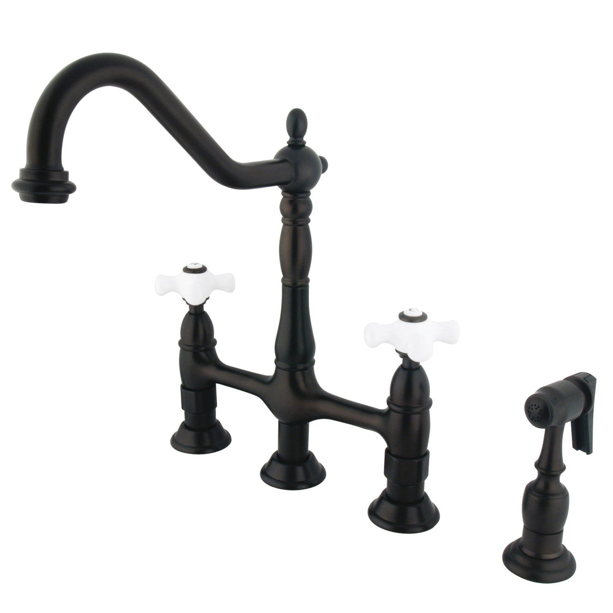 Heritage KS1275PXBS Two-Handle 4-Hole Deck Mount Bridge Kitchen Faucet with Brass Sprayer, Oil Rubbed Bronze