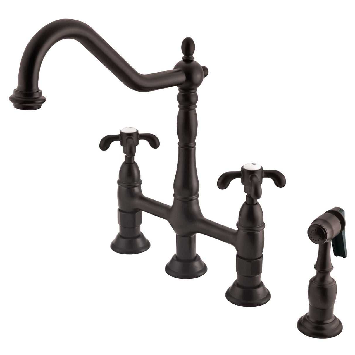 French Country KS1275TXBS Two-Handle 4-Hole Deck Mount Bridge Kitchen Faucet with Brass Sprayer, Oil Rubbed Bronze