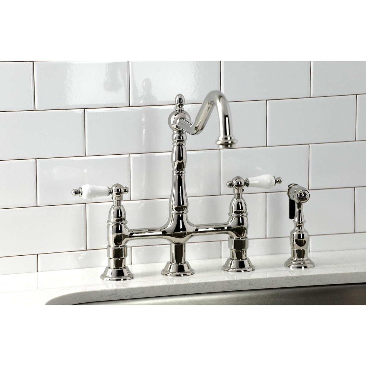 Heritage KS1276PLBS Two-Handle 4-Hole Deck Mount Bridge Kitchen Faucet with Brass Sprayer, Polished Nickel