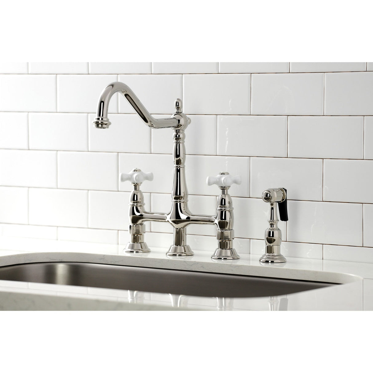 Heritage KS1276PXBS Two-Handle 4-Hole Deck Mount Bridge Kitchen Faucet with Brass Sprayer, Polished Nickel