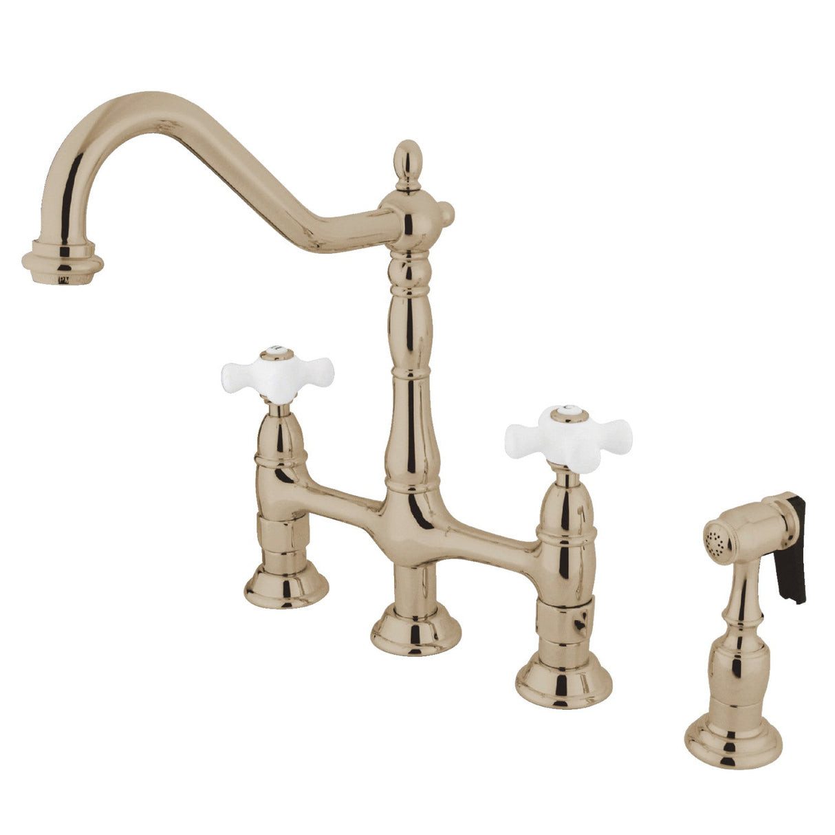 Heritage KS1276PXBS Two-Handle 4-Hole Deck Mount Bridge Kitchen Faucet with Brass Sprayer, Polished Nickel