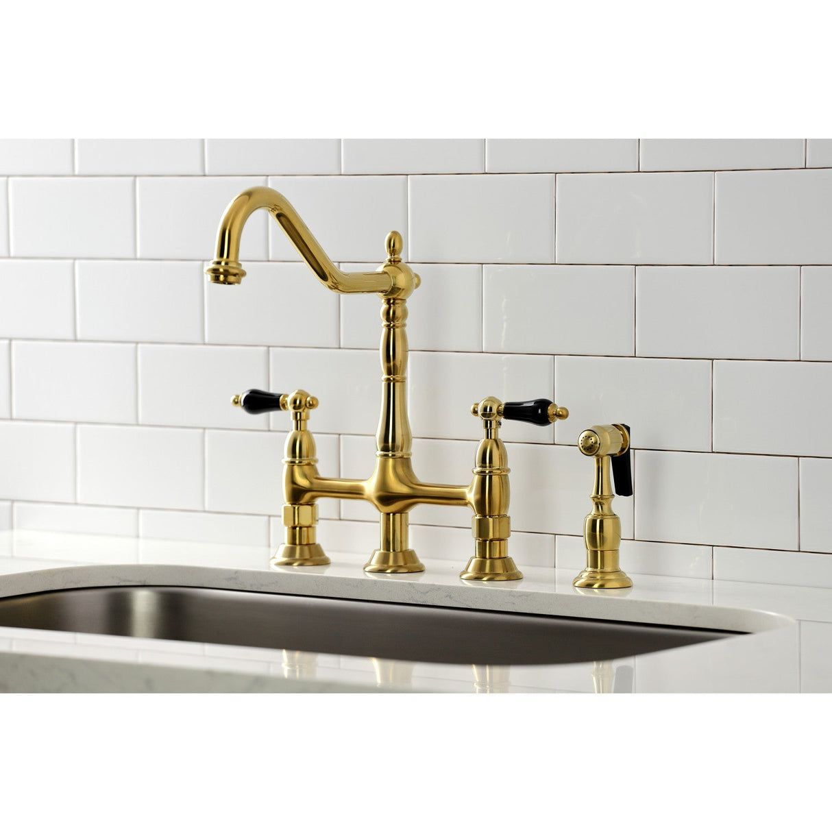 Duchess KS1277PKLBS Two-Handle 4-Hole Deck Mount Bridge Kitchen Faucet with Brass Sprayer, Brushed Brass