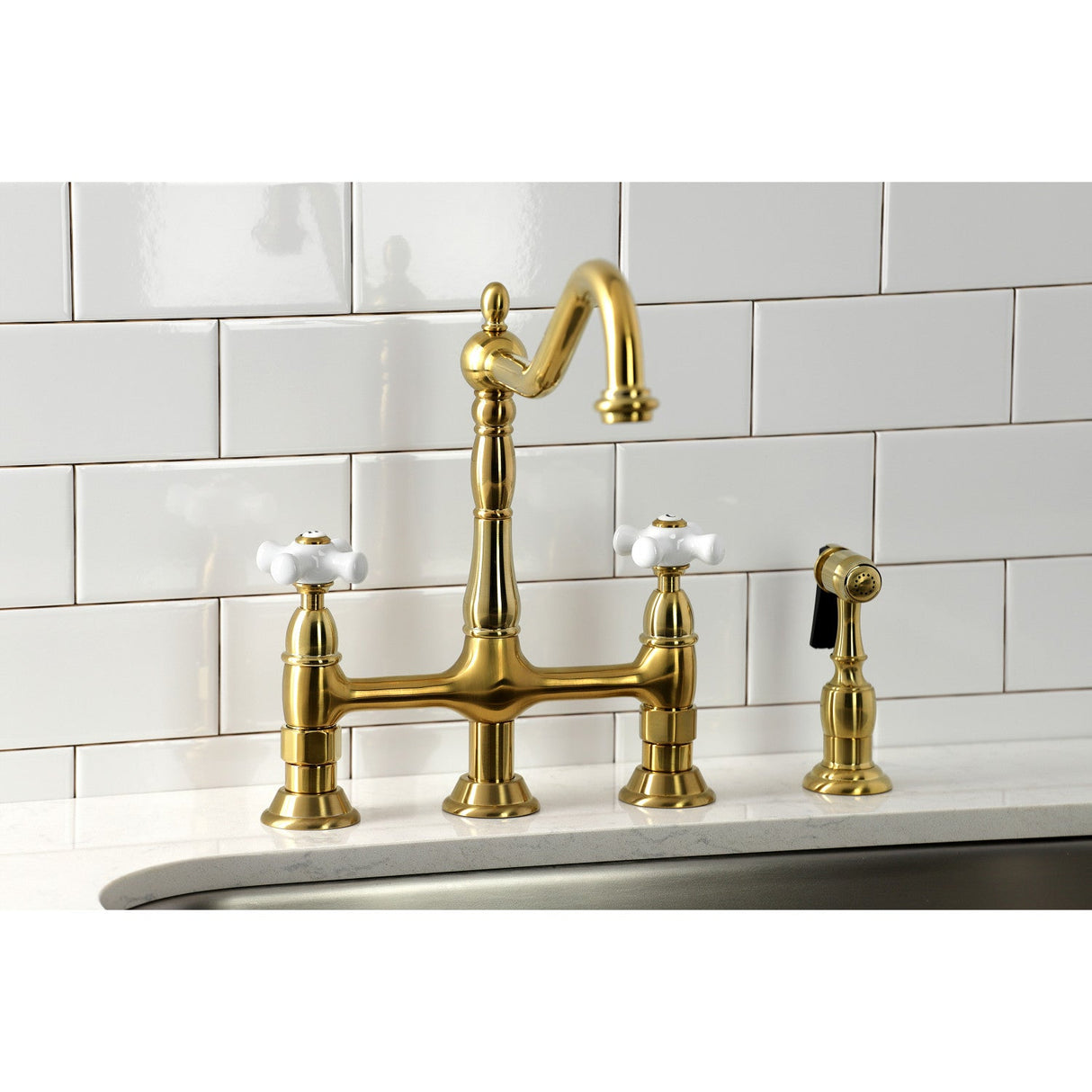 Heritage KS1277PXBS Two-Handle 4-Hole Deck Mount Bridge Kitchen Faucet with Brass Sprayer, Brushed Brass