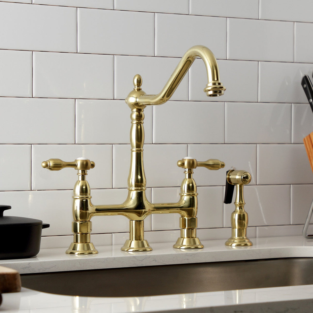 Tudor KS1277TALBS Two-Handle 4-Hole Deck Mount Bridge Kitchen Faucet with Brass Sprayer, Brushed Brass