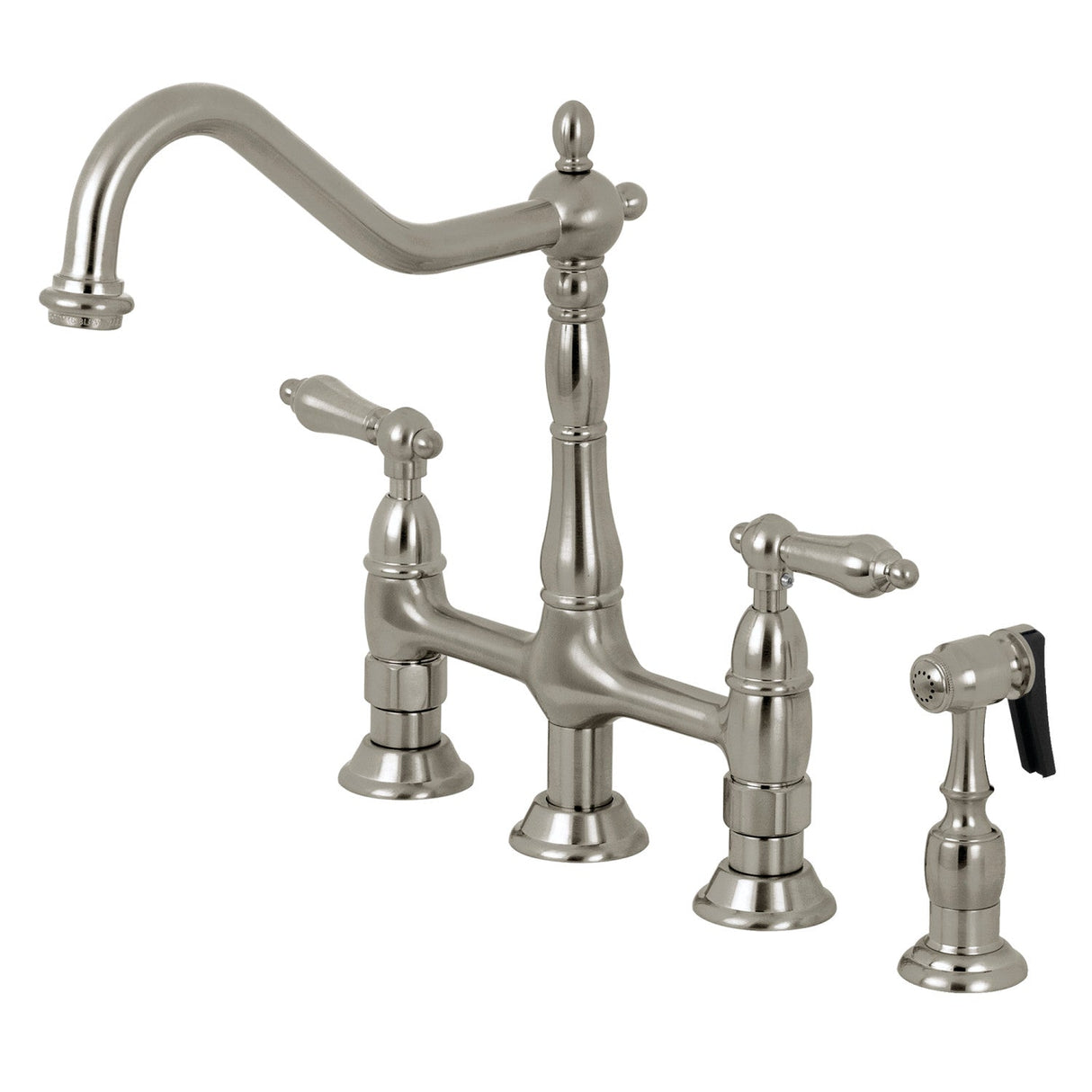 Heritage KS1278ALBS Two-Handle 4-Hole Deck Mount Bridge Kitchen Faucet with Brass Sprayer, Brushed Nickel