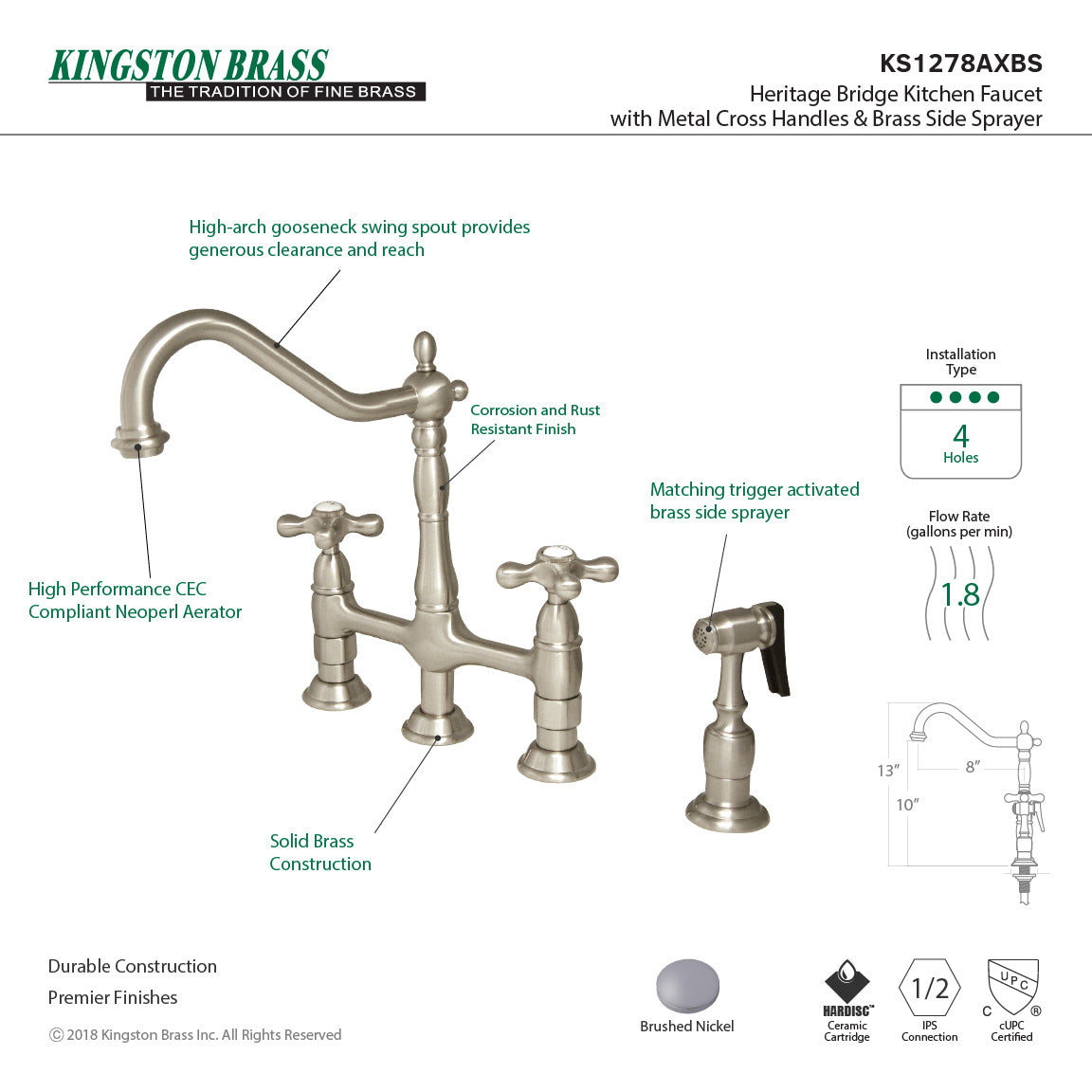 Heritage KS1278AXBS Two-Handle 4-Hole Deck Mount Bridge Kitchen Faucet with Brass Sprayer, Brushed Nickel