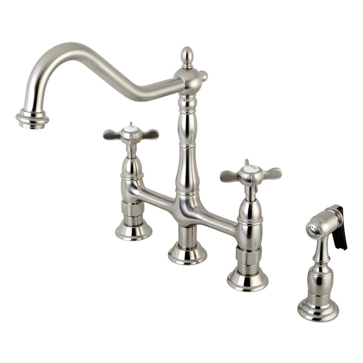 Essex KS1278BEXBS Two-Handle 4-Hole Deck Mount Bridge Kitchen Faucet with Brass Sprayer, Brushed Nickel