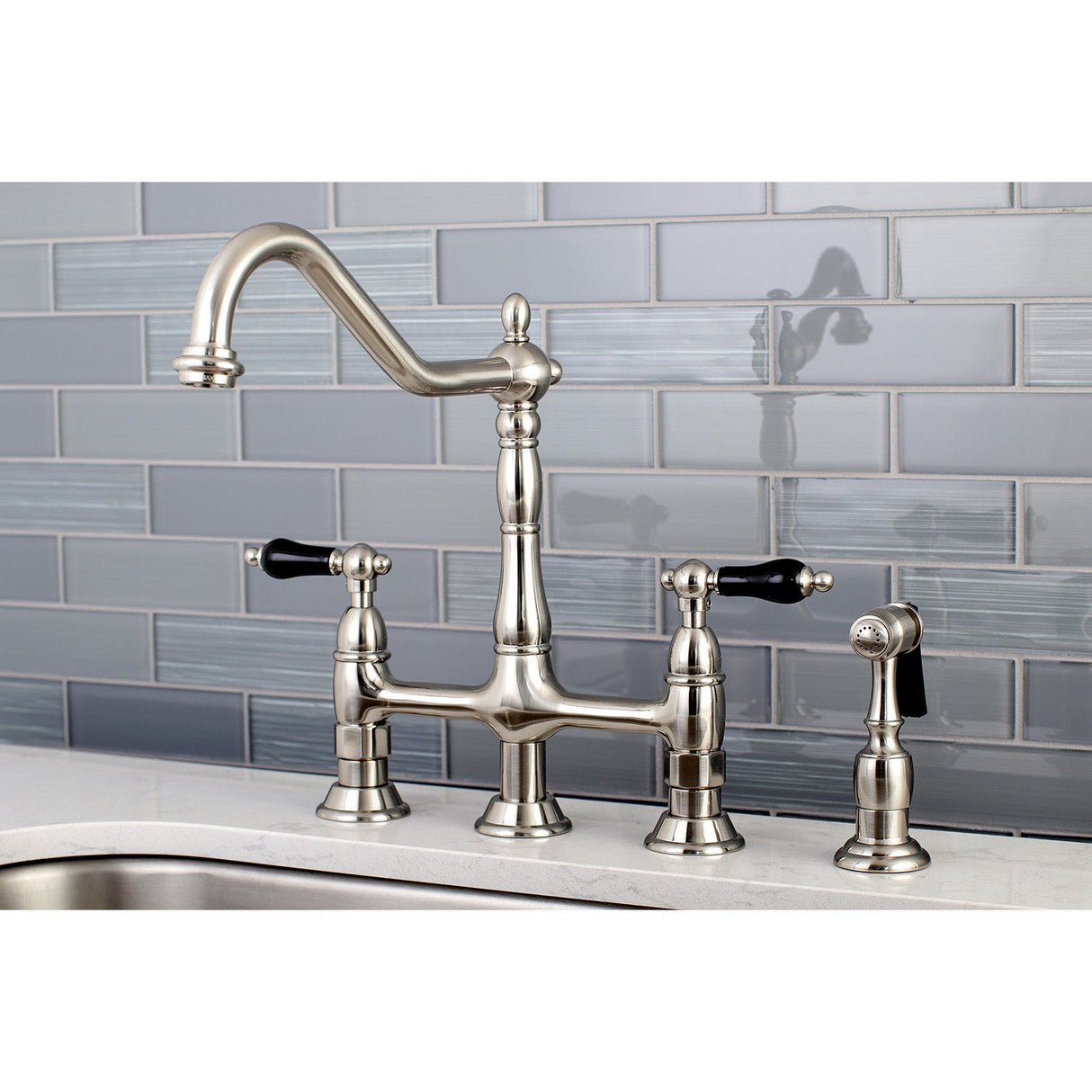 Duchess KS1278PKLBS Two-Handle 4-Hole Deck Mount Bridge Kitchen Faucet with Brass Sprayer, Brushed Nickel