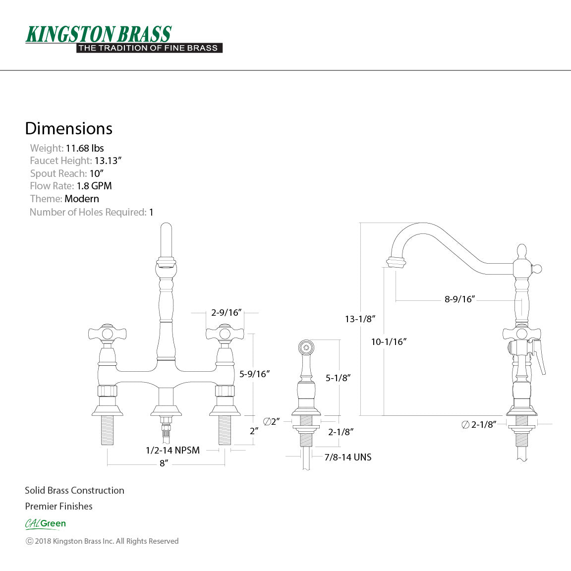 Heritage KS1278PXBS Two-Handle 4-Hole Deck Mount Bridge Kitchen Faucet with Brass Sprayer, Brushed Nickel
