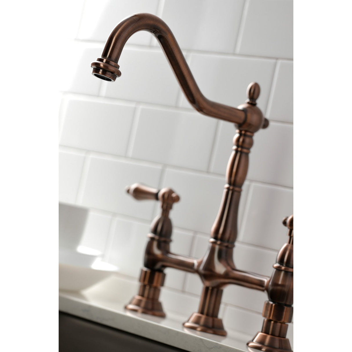 Heritage KS127ALBSAC Two-Handle 4-Hole Deck Mount Bridge Kitchen Faucet with Brass Sprayer, Antique Copper