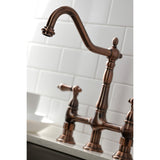 Heritage KS127ALBSAC Two-Handle 4-Hole Deck Mount Bridge Kitchen Faucet with Brass Sprayer, Antique Copper
