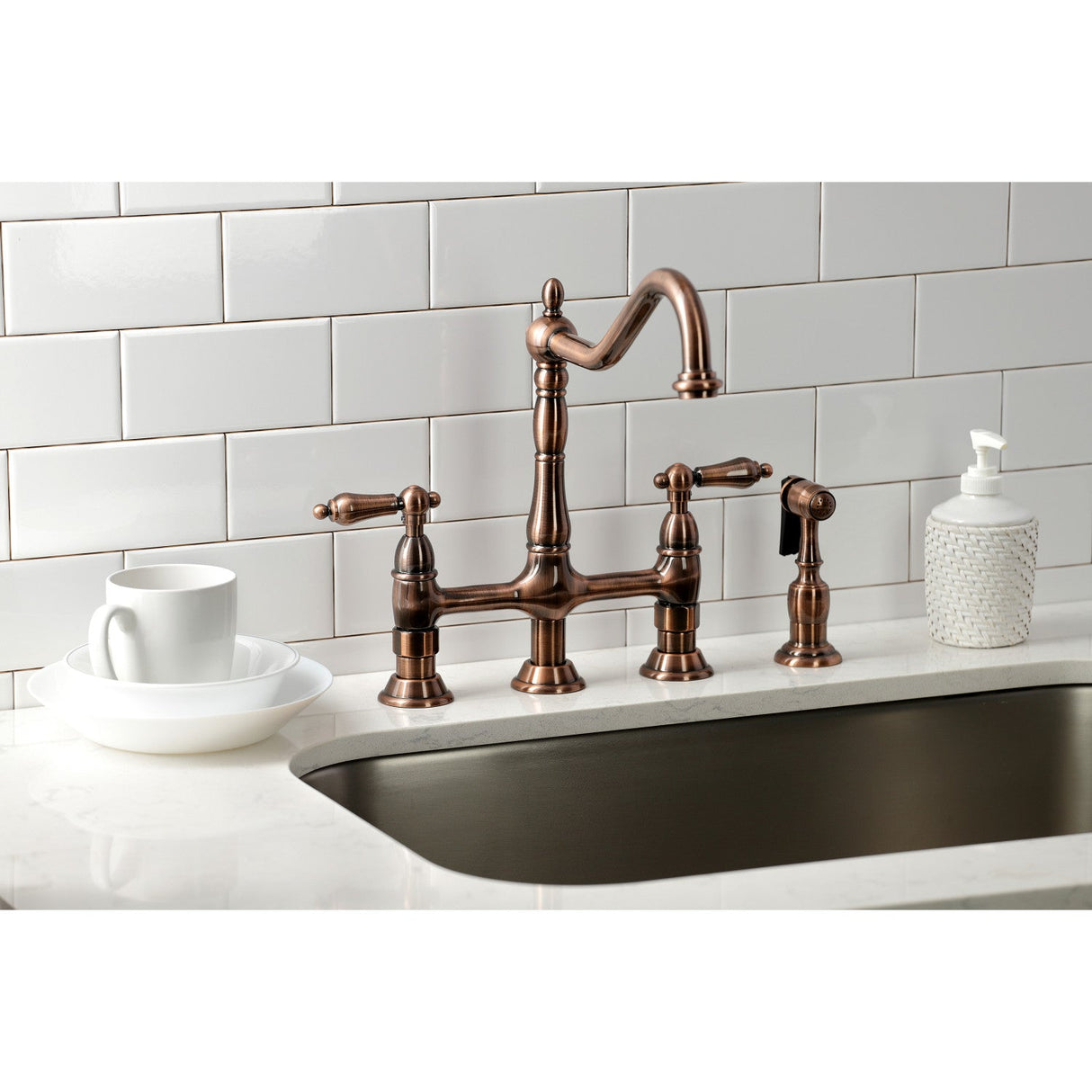 Heritage KS127ALBSAC Two-Handle 4-Hole Deck Mount Bridge Kitchen Faucet with Brass Sprayer, Antique Copper