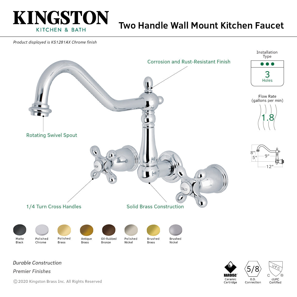 Heritage KS1286AX Two-Handle 3-Hole Wall Mount Kitchen Faucet, Polished Nickel