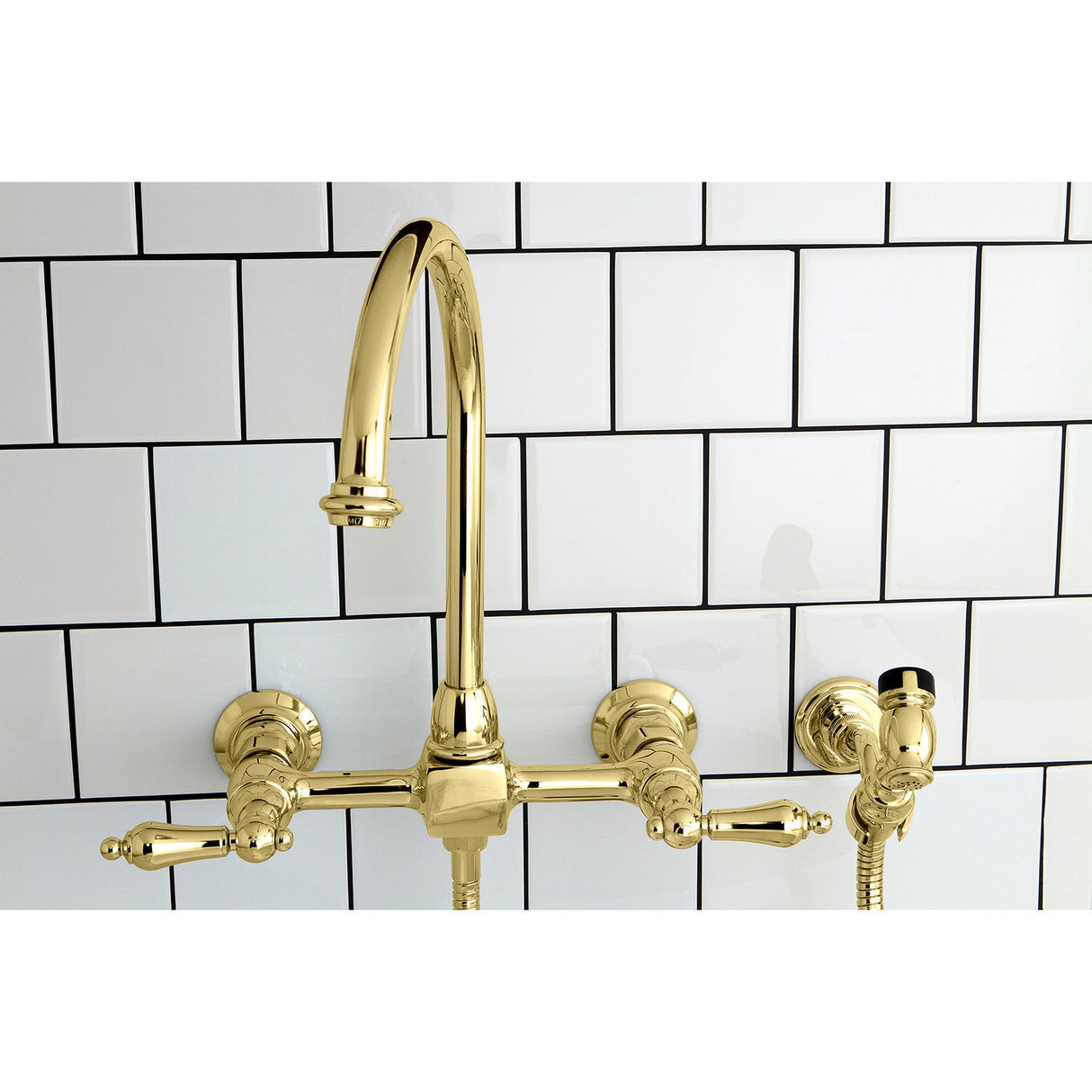 Restoration KS1292ALBS Two-Handle 2-Hole Wall Mount Bridge Kitchen Faucet with Brass Sprayer, Polished Brass
