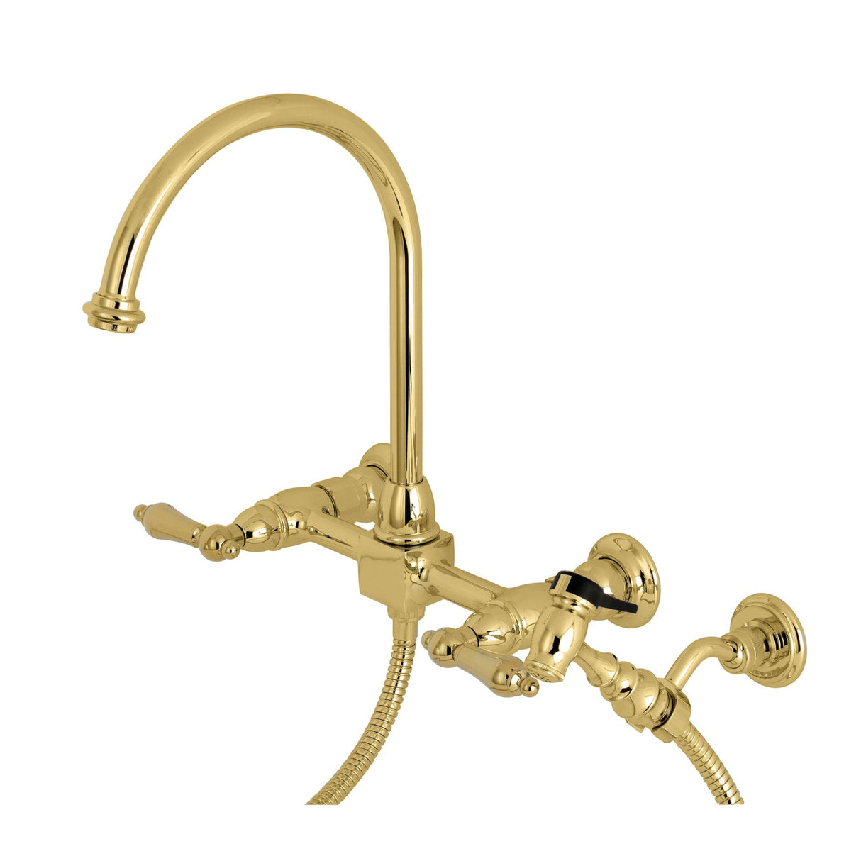 Restoration KS1292ALBS Two-Handle 2-Hole Wall Mount Bridge Kitchen Faucet with Brass Sprayer, Polished Brass