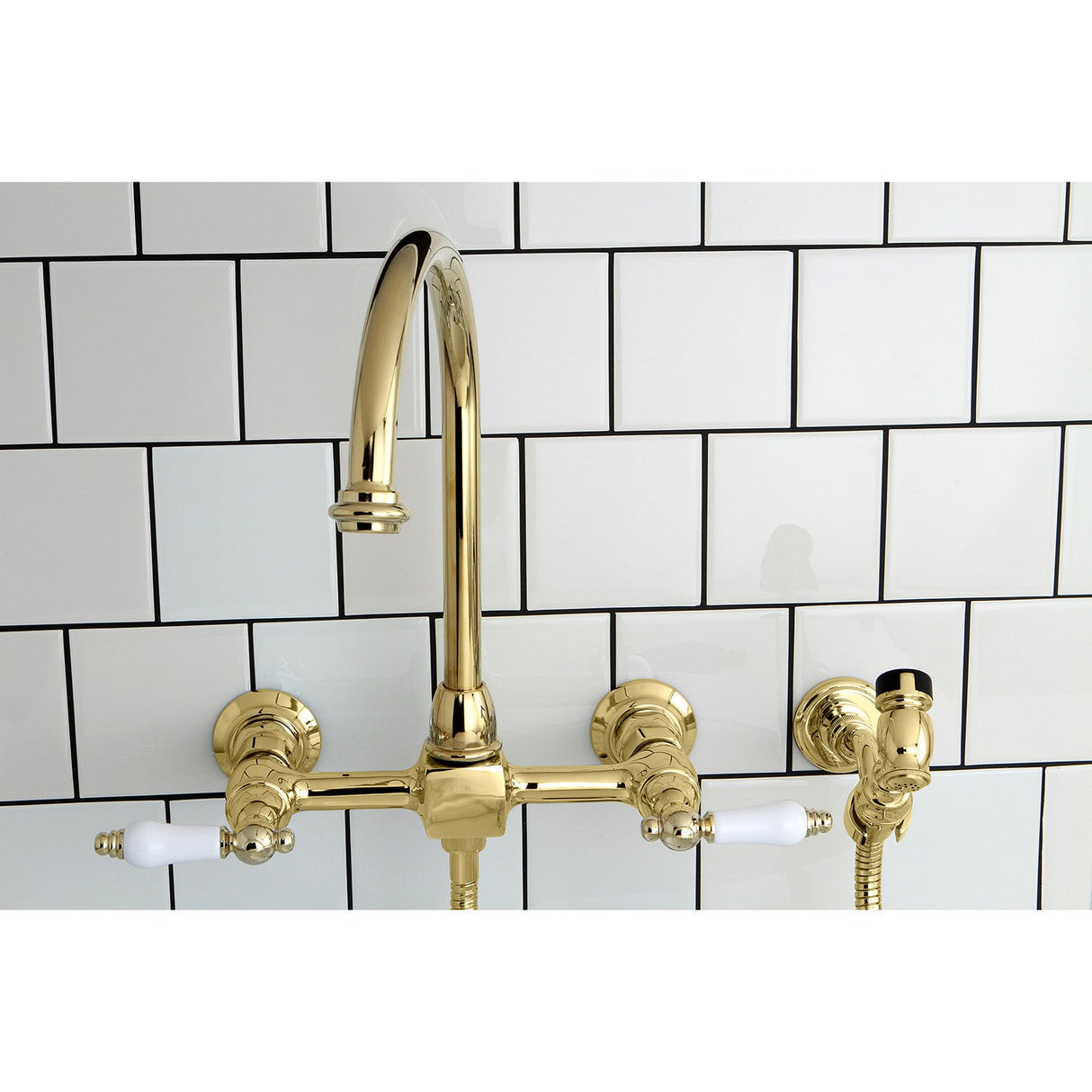 Restoration KS1292PLBS Two-Handle 2-Hole Wall Mount Bridge Kitchen Faucet with Brass Sprayer, Polished Brass