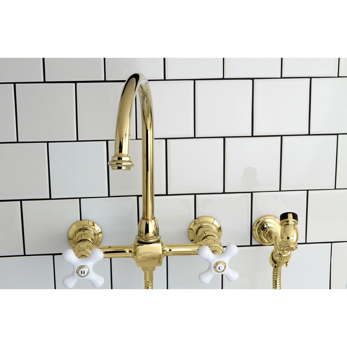Restoration KS1292PXBS Two-Handle 2-Hole Wall Mount Bridge Kitchen Faucet with Brass Sprayer, Polished Brass